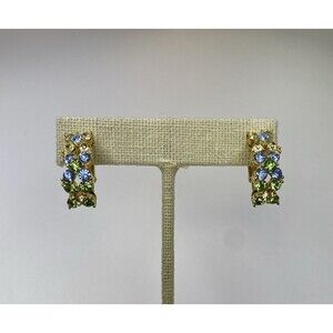 Joan Rivers Blue Green Yellow Rhinestones Pierced Semi Hoop Earrings Gold Tone